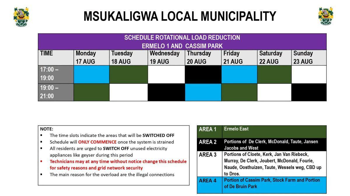 Load Reduction Schedule Issued for Ermelo and Surrounding Areas Load Reduction Schedule Issued for Ermelo and Surrounding Areas