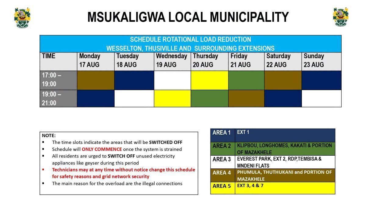 Load Reduction Schedule Issued for Ermelo and Surrounding Areas