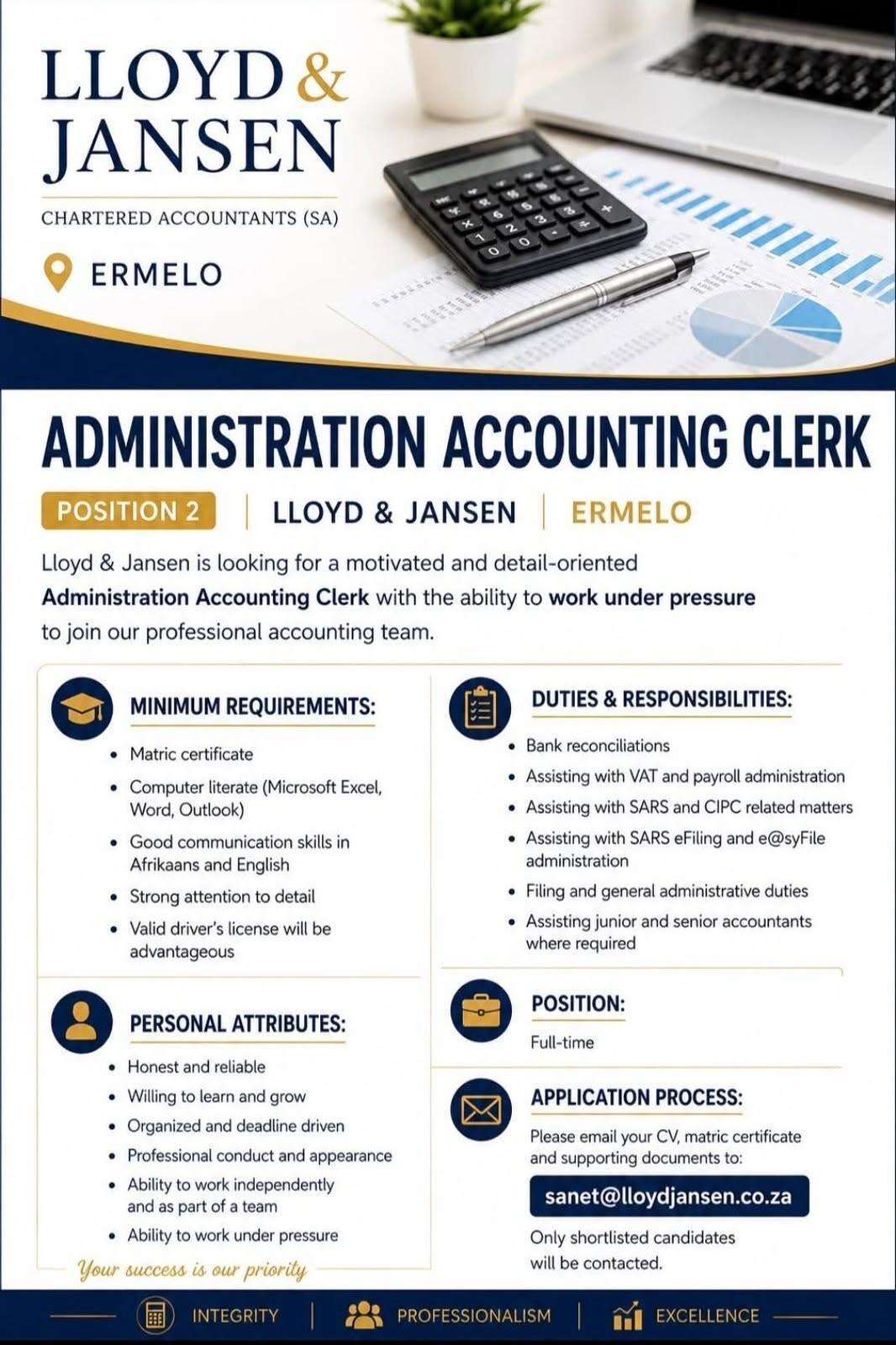 Vacancy: Administration Accounting Clerk – Ermelo