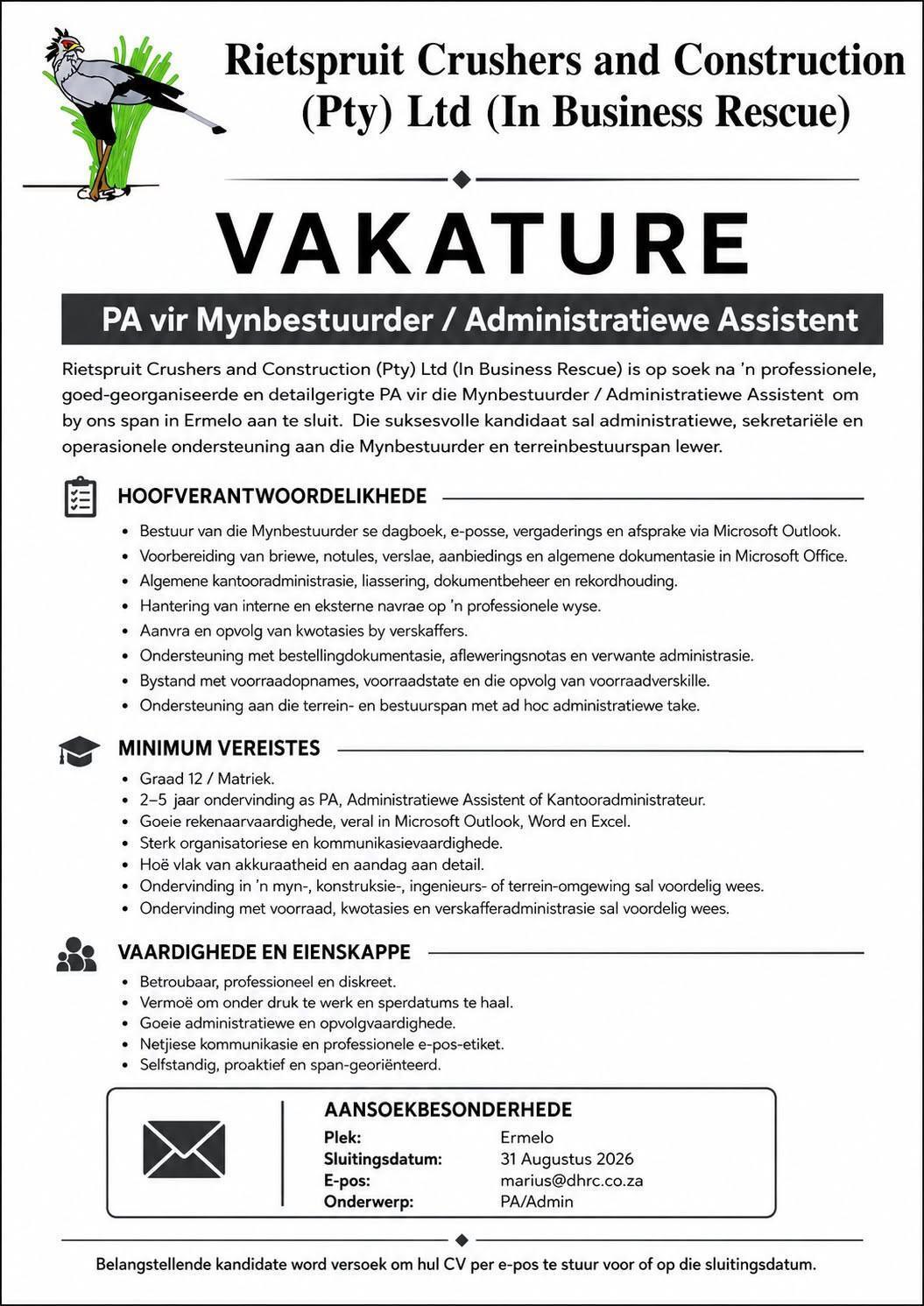 Vacancy: PA vir Mynbestuurder / Administratiewe Assistent – Ermelo
