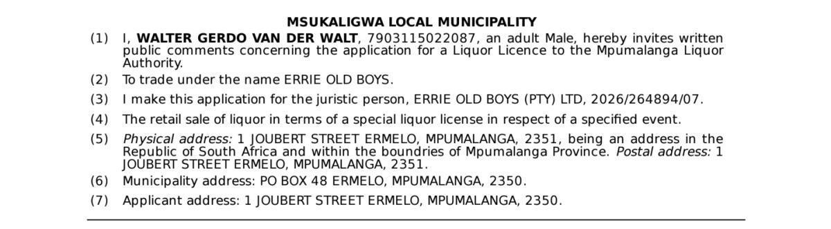 NOTICE OF APPLICATION FOR A LIQUOR LICENCE IN TERMS OF SECTION 35 NOTICE OF APPLICATION FOR A LIQUOR LICENCE IN TERMS OF SECTION 35