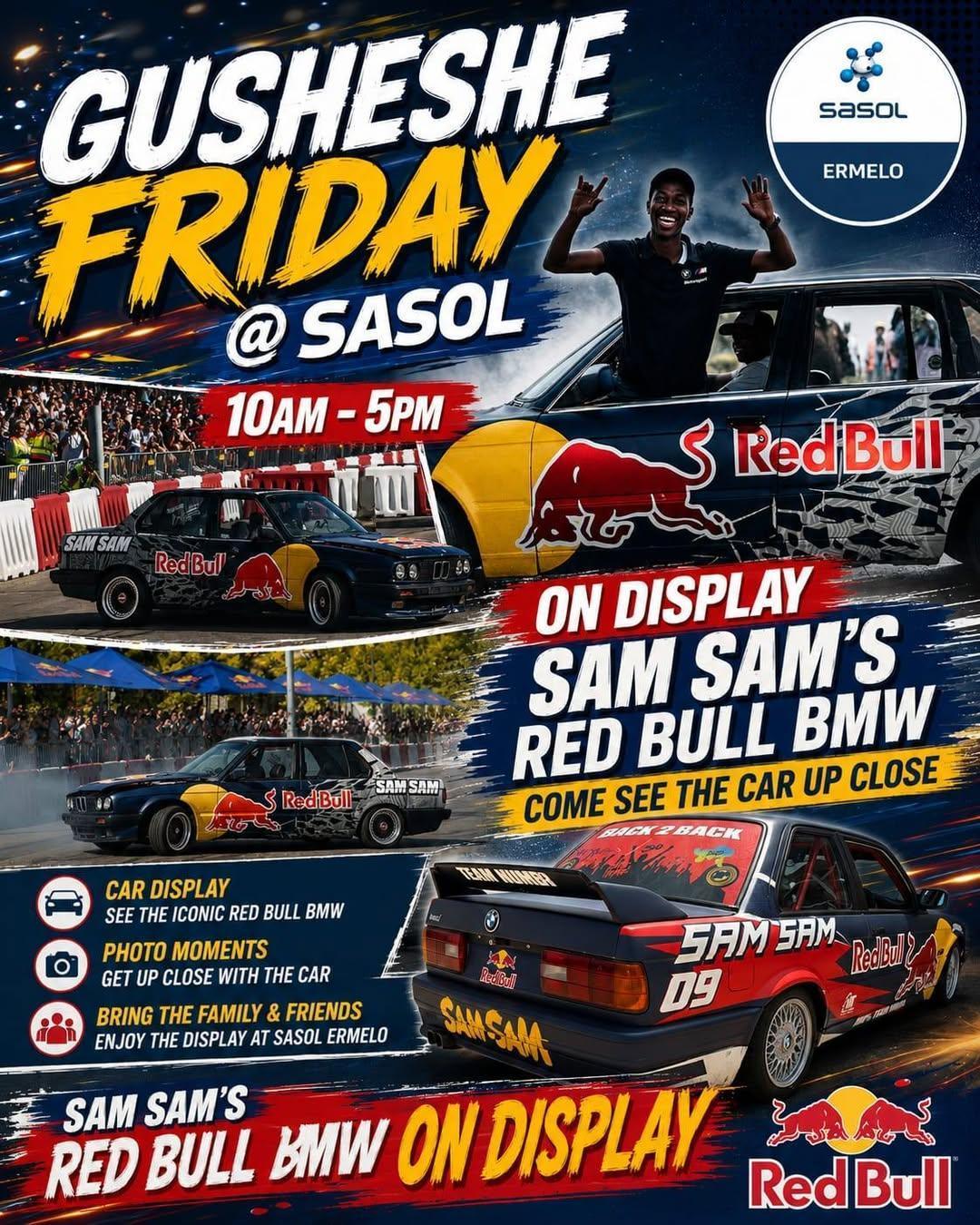 Sam Sam’s Red Bull BMW on display at Sasol Ermelo Sam Sam’s Red Bull BMW on display at Sasol Ermelo