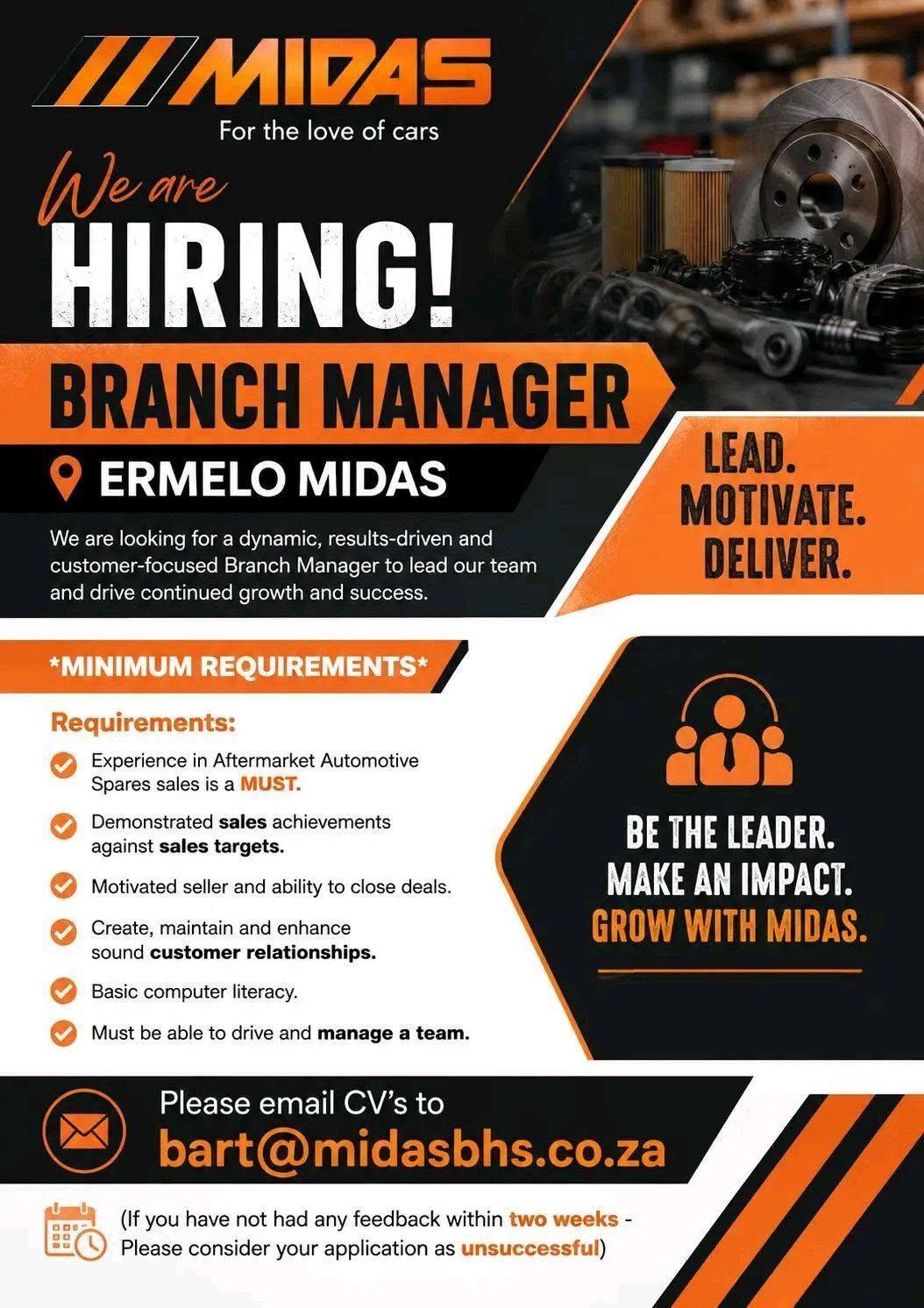 Vacancy: Branch Manager – Ermelo Vacancy: Branch Manager – Ermelo