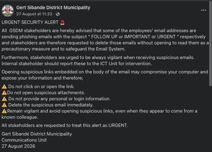 Gert Sibande warns of phishing emails posing as urgent messages