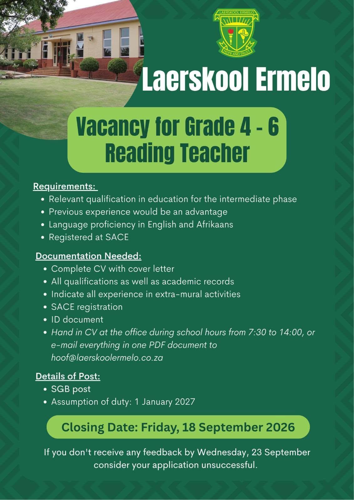 Vacancy: Grade 4–6 Reading Teacher – Ermelo
