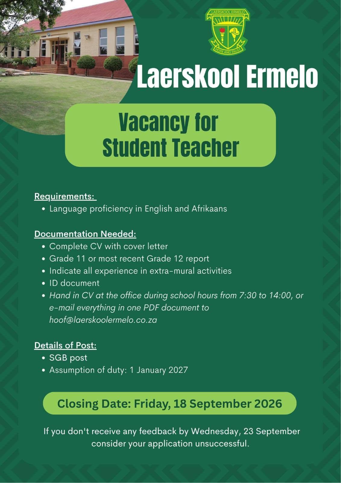 Vacancy: Student Teacher – Ermelo Vacancy: Student Teacher – Ermelo