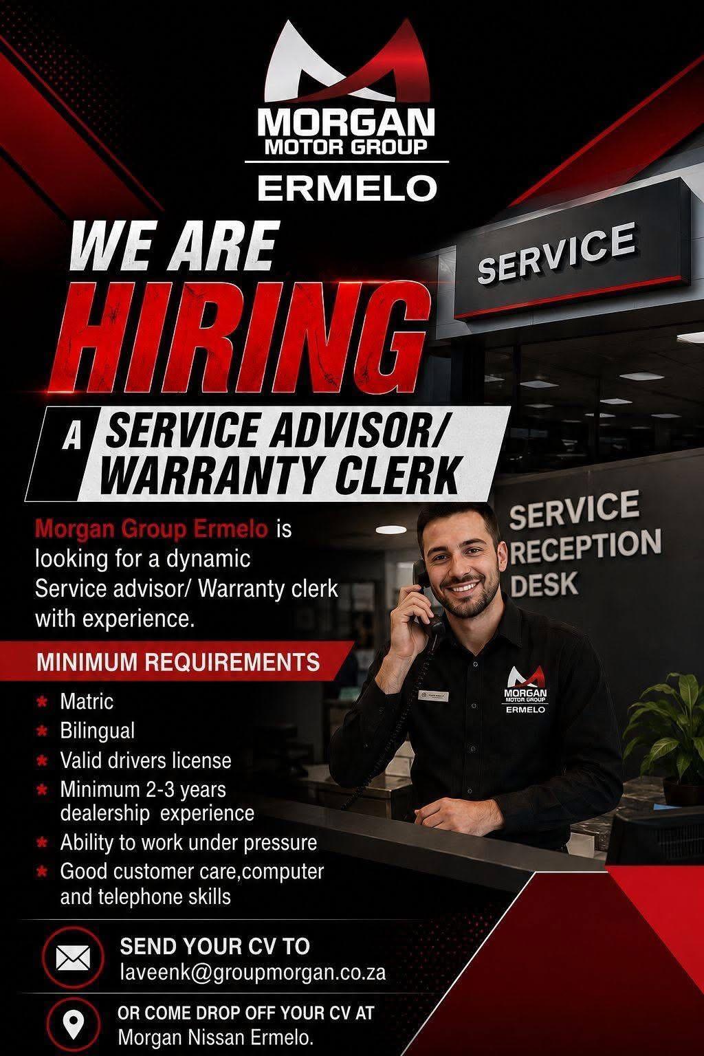 Vacancy: Service Advisor/Warranty Clerk – Ermelo Vacancy: Service Advisor/Warranty Clerk – Ermelo