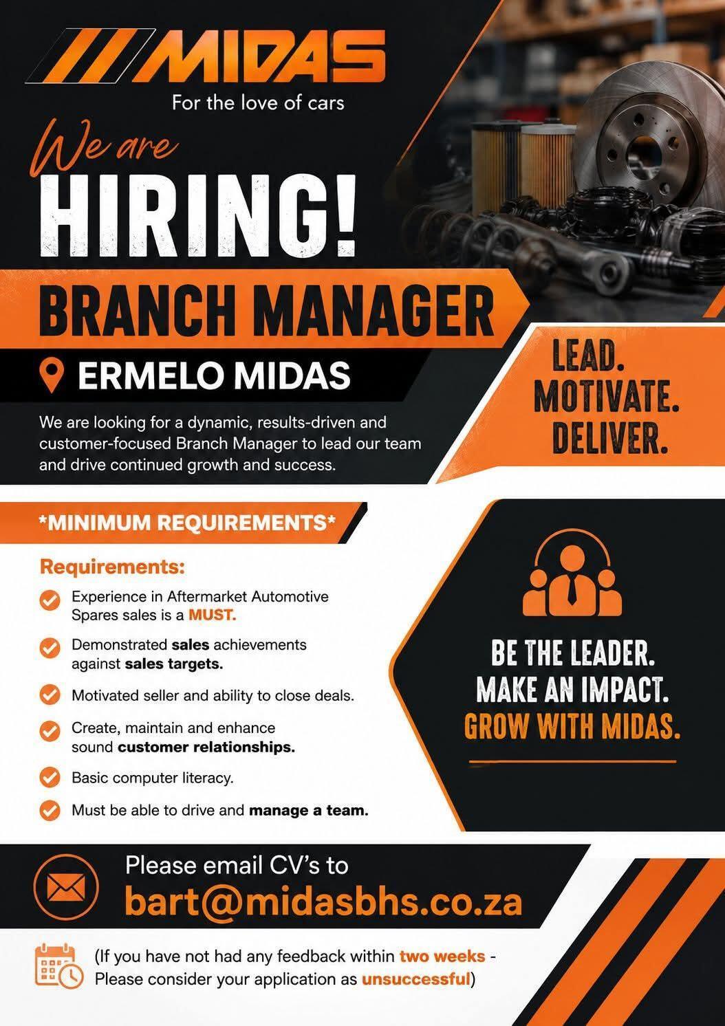 Vacancy: Branch Manager – Ermelo Vacancy: Branch Manager – Ermelo