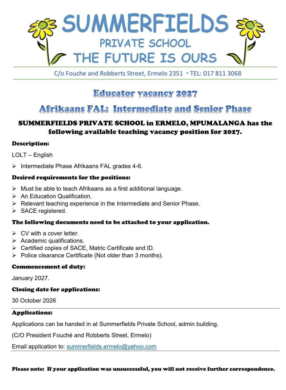 Vacancy: Afrikaans FAL Educator – Ermelo