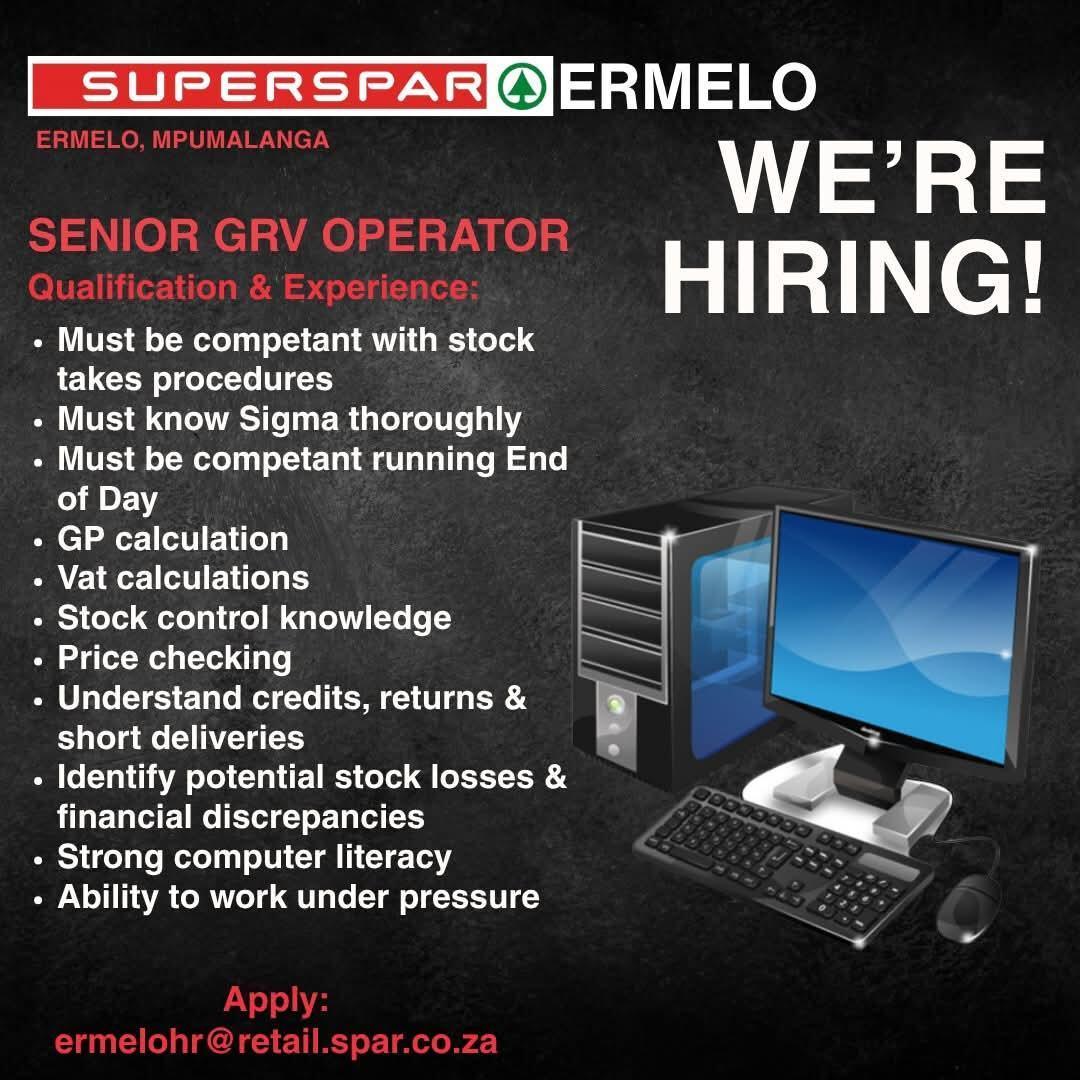 Vacancy: Senior GRV Operator – Ermelo Vacancy: Senior GRV Operator – Ermelo