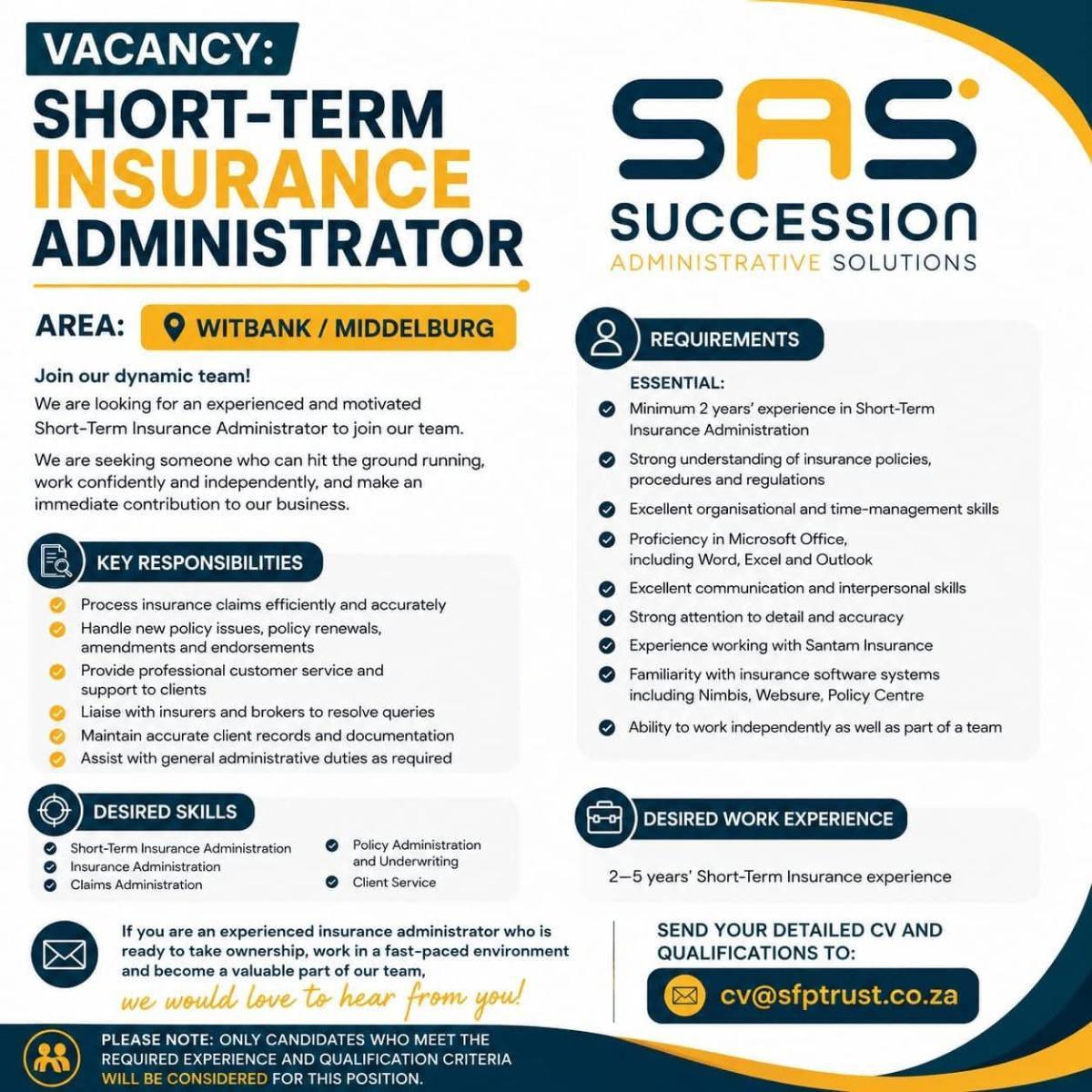 Vacancy: Short-Term Insurance Administrator – Witbank/Middelburg