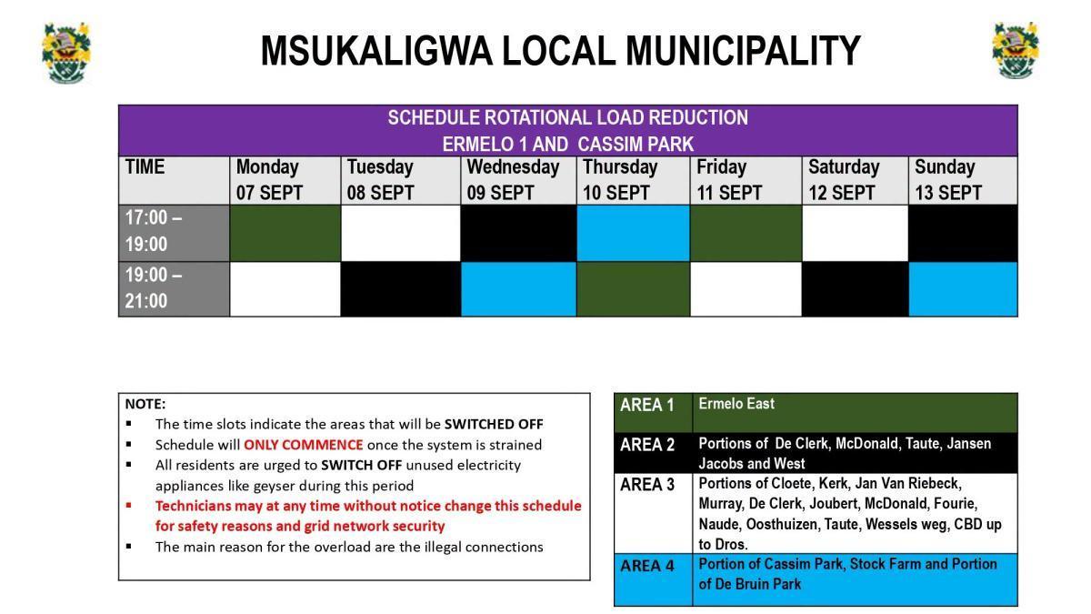 Load Reduction Schedule Issued for Ermelo and Surrounding Areas Load Reduction Schedule Issued for Ermelo and Surrounding Areas