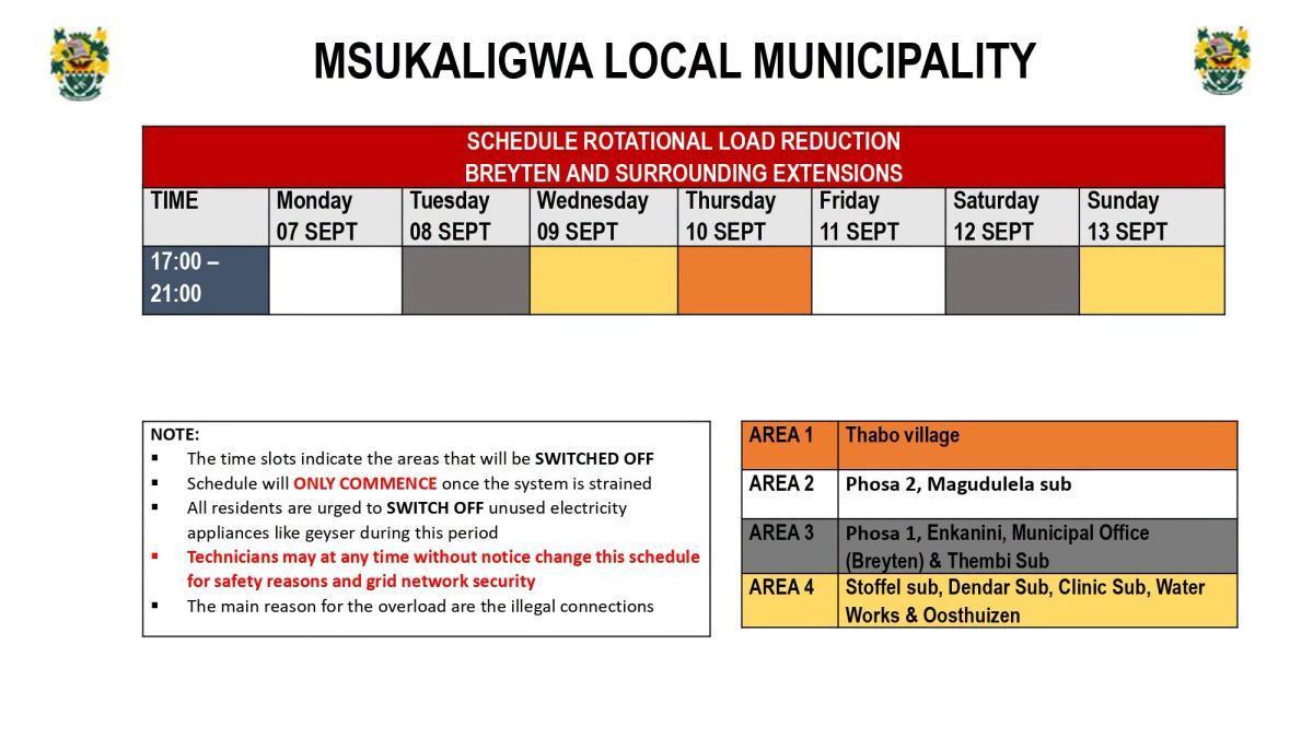 Load Reduction Schedule Issued for Ermelo and Surrounding Areas Load Reduction Schedule Issued for Ermelo and Surrounding Areas