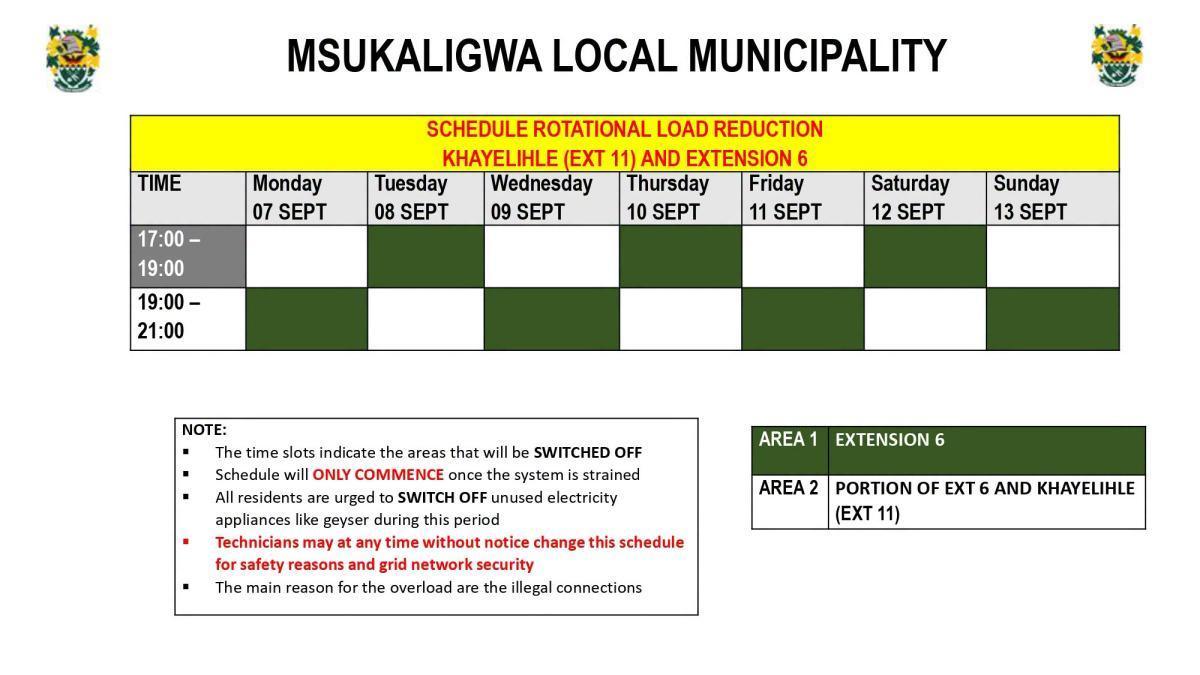 Load Reduction Schedule Issued for Ermelo and Surrounding Areas Load Reduction Schedule Issued for Ermelo and Surrounding Areas