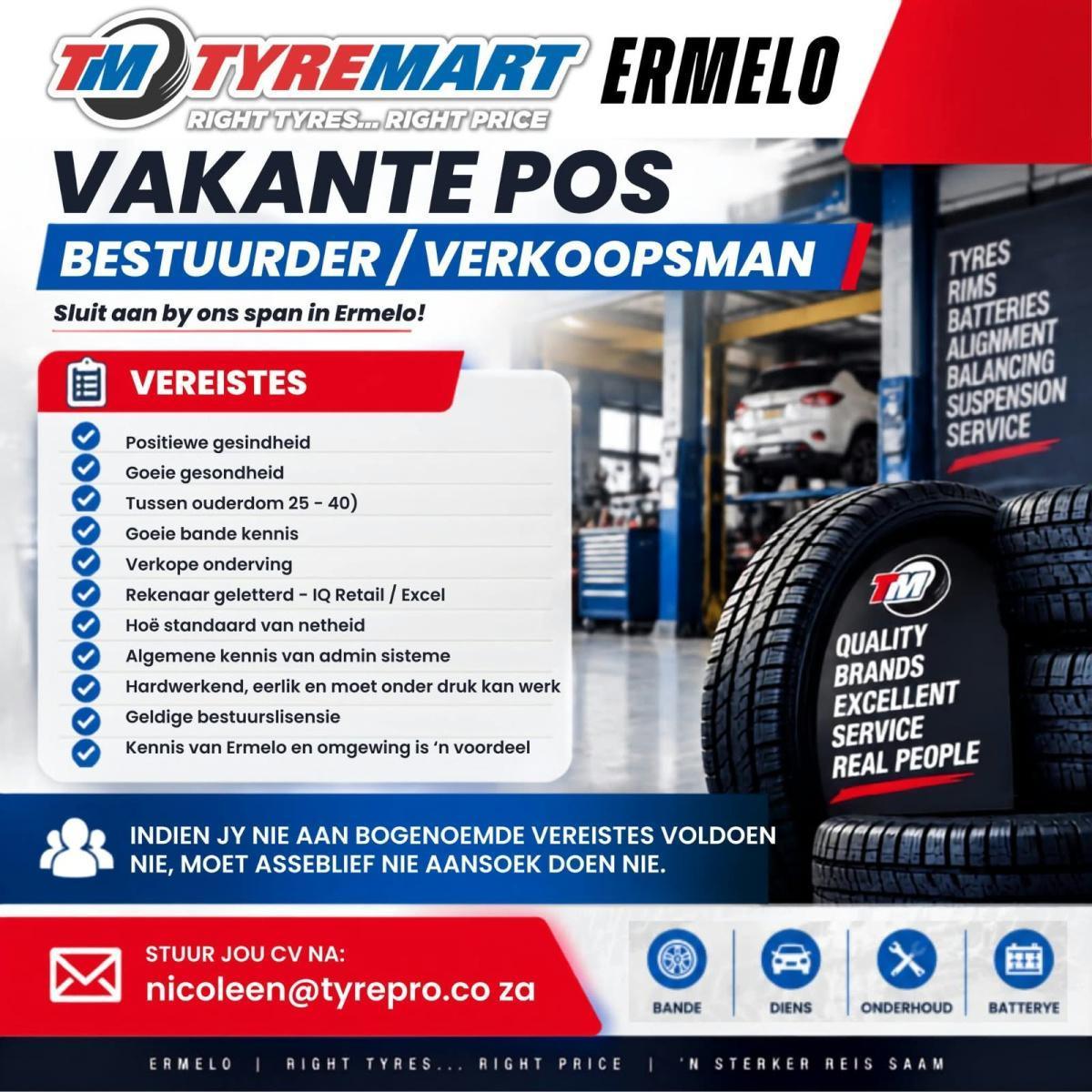 Vacancy: Manager / Salesman – Ermelo