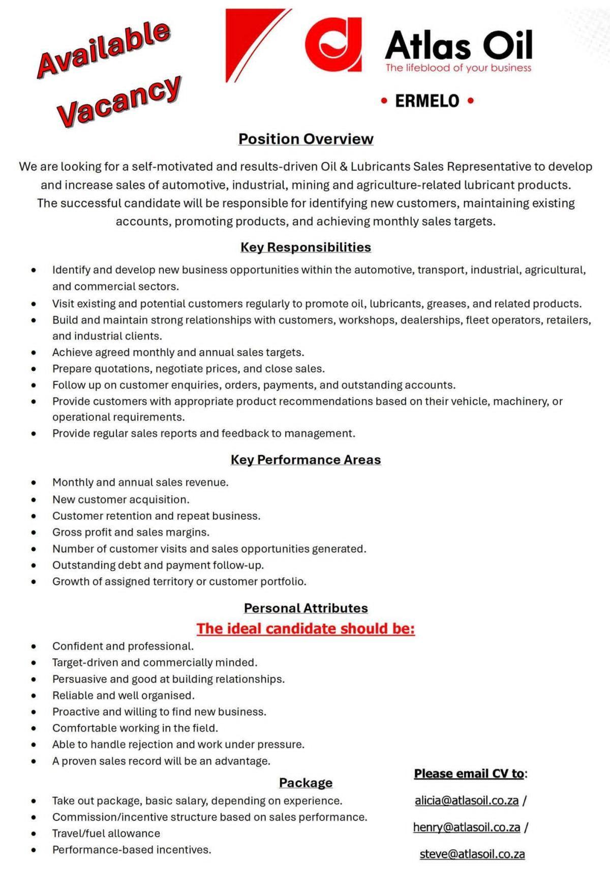 Vacancy: Oil & Lubricants Sales Representative – Ermelo