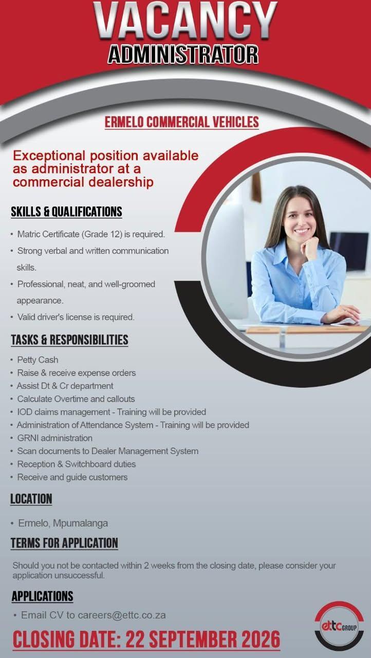 Vacancy: Administrator – Ermelo Vacancy: Administrator – Ermelo