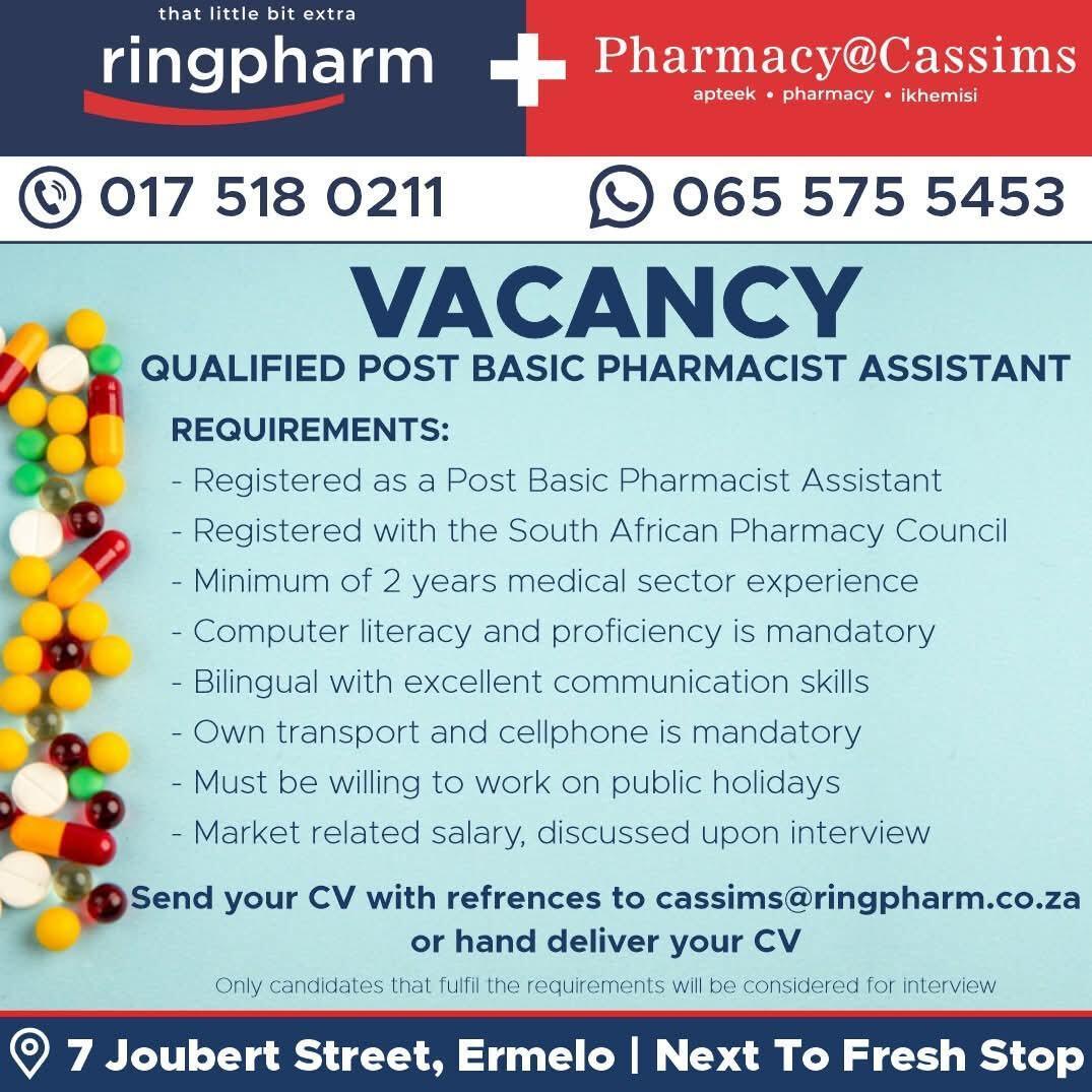 Vacancy: Qualified Post Basic Pharmacist Assistant – Ermelo