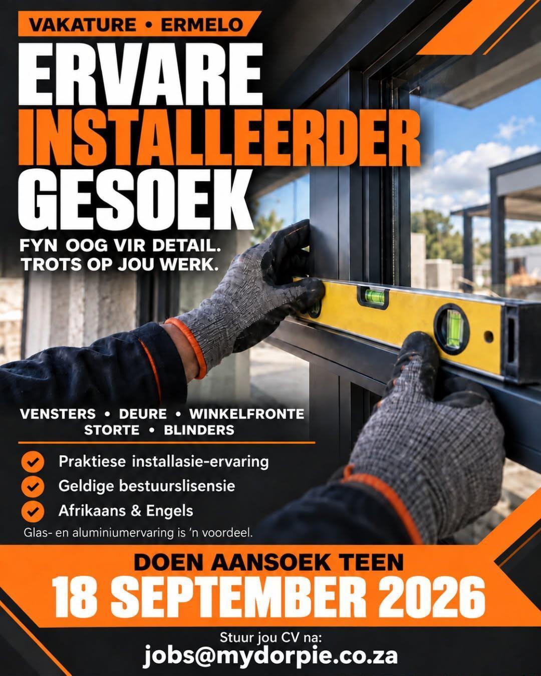 Vacancy: Experienced Installer – Ermelo
