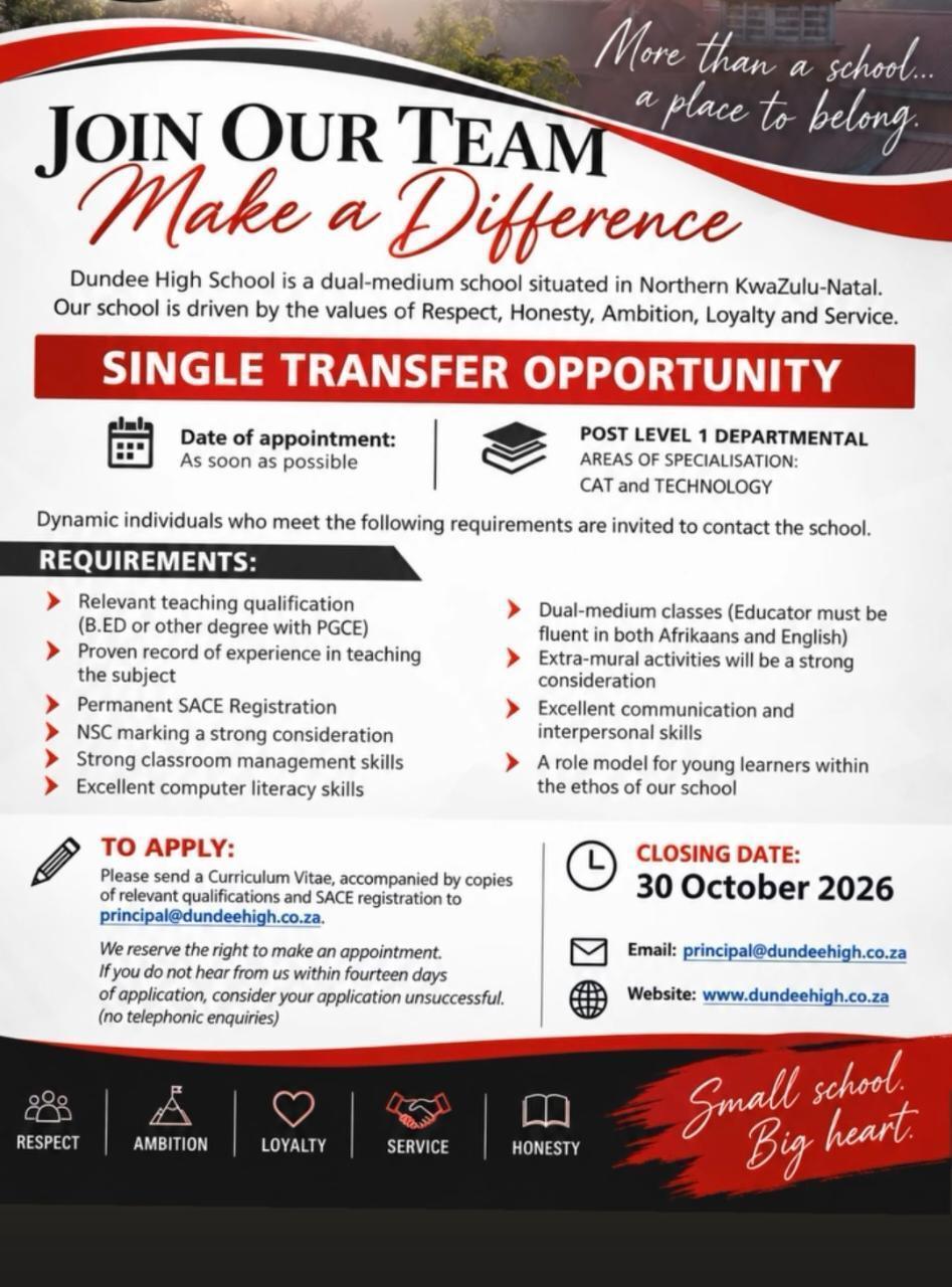Vacancy: CAT and Technology Teacher – Dundee, KwaZulu-Natal