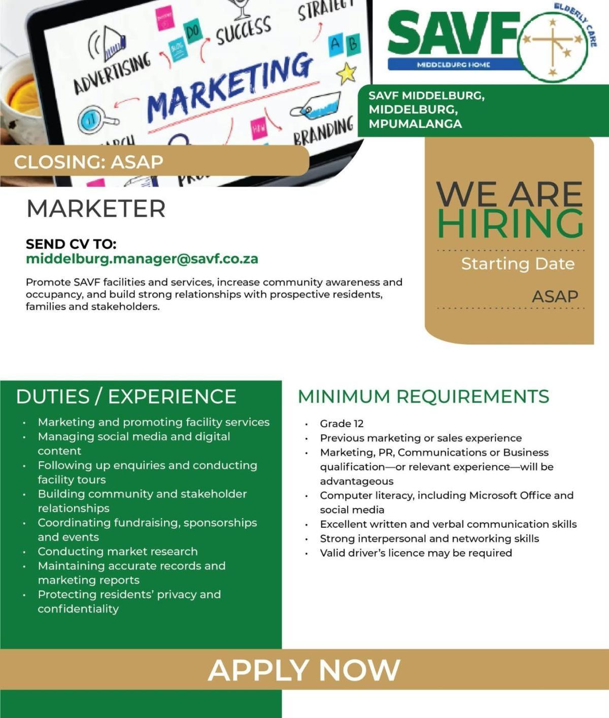 Vacancy: Marketer – Middelburg, Mpumalanga
