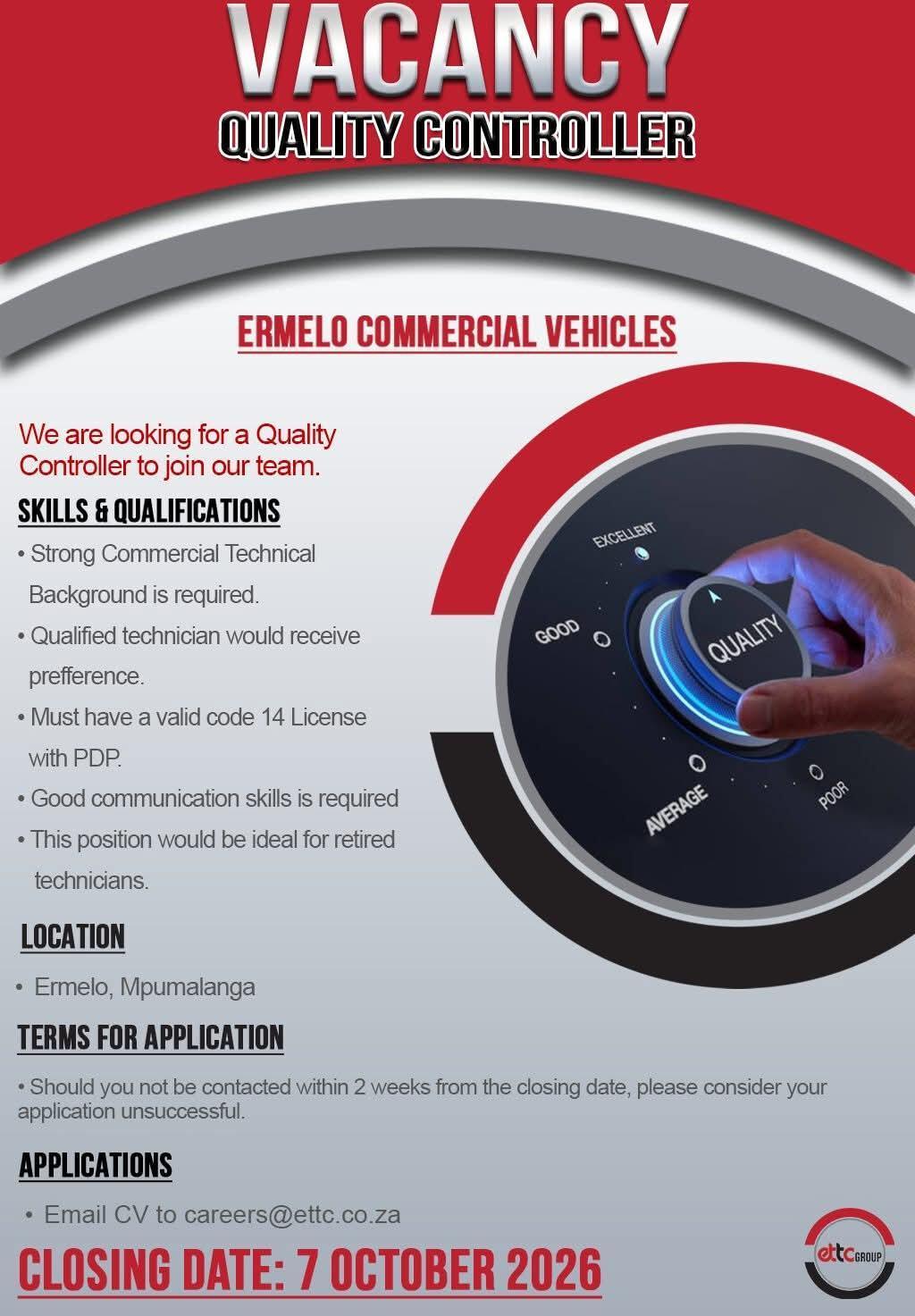 Vacancy: Quality Controller – Ermelo Vacancy: Quality Controller – Ermelo