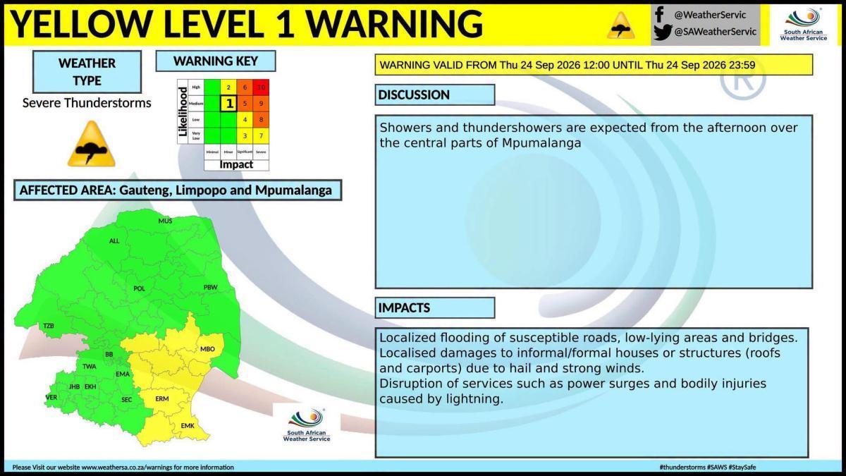 Level 1 thunderstorm warning issued for Ermelo & surrounding areas 