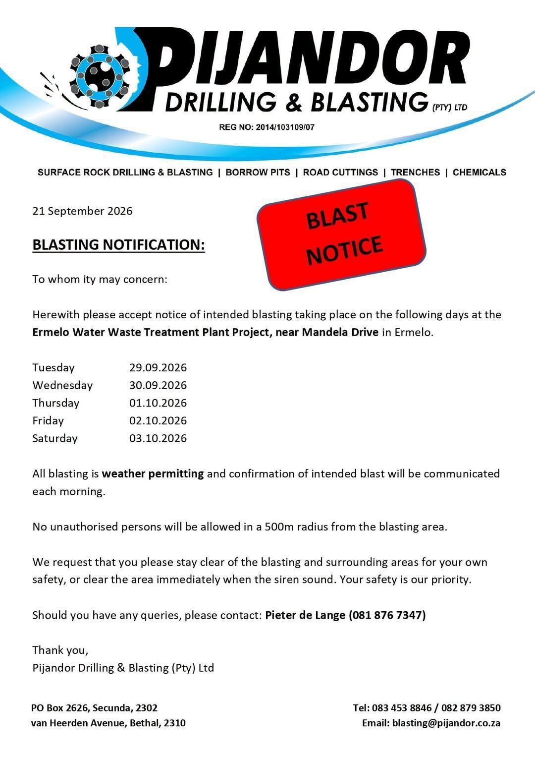Blasting notice for Ermelo residents