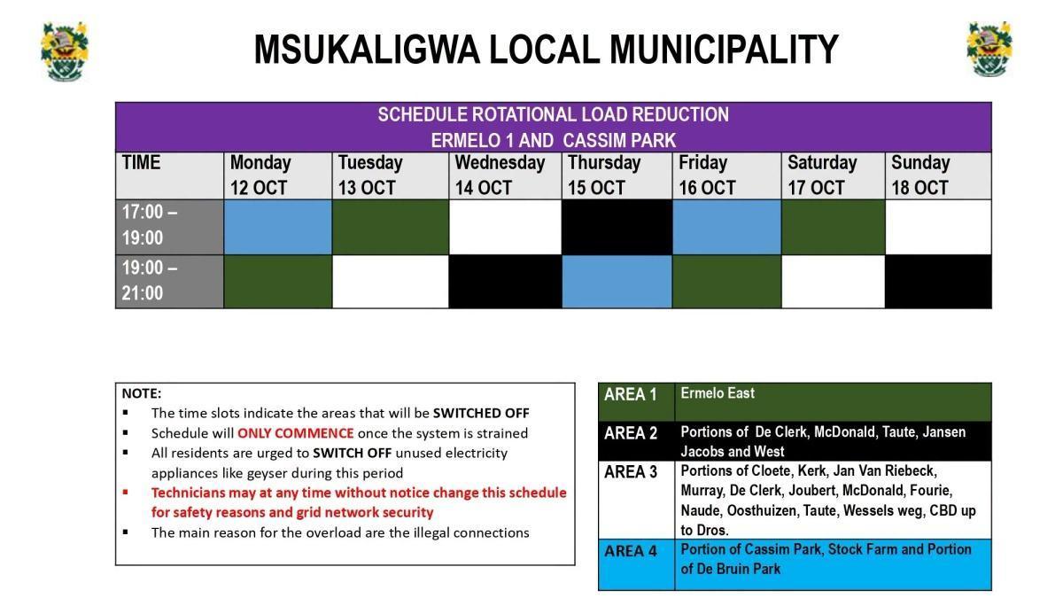 Load Reduction Schedule Issued for Ermelo and Surrounding Areas Load Reduction Schedule Issued for Ermelo and Surrounding Areas