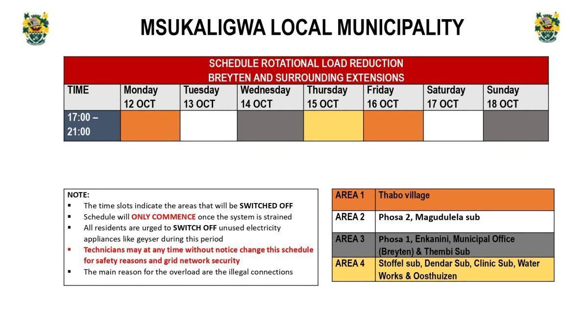 Load Reduction Schedule Issued for Ermelo and Surrounding Areas Load Reduction Schedule Issued for Ermelo and Surrounding Areas