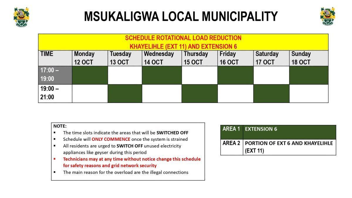 Load Reduction Schedule Issued for Ermelo and Surrounding Areas Load Reduction Schedule Issued for Ermelo and Surrounding Areas