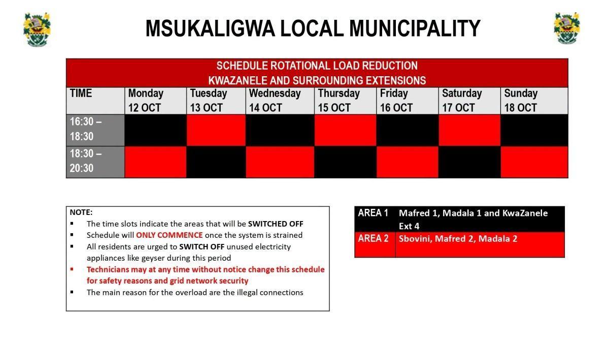 Load Reduction Schedule Issued for Ermelo and Surrounding Areas Load Reduction Schedule Issued for Ermelo and Surrounding Areas