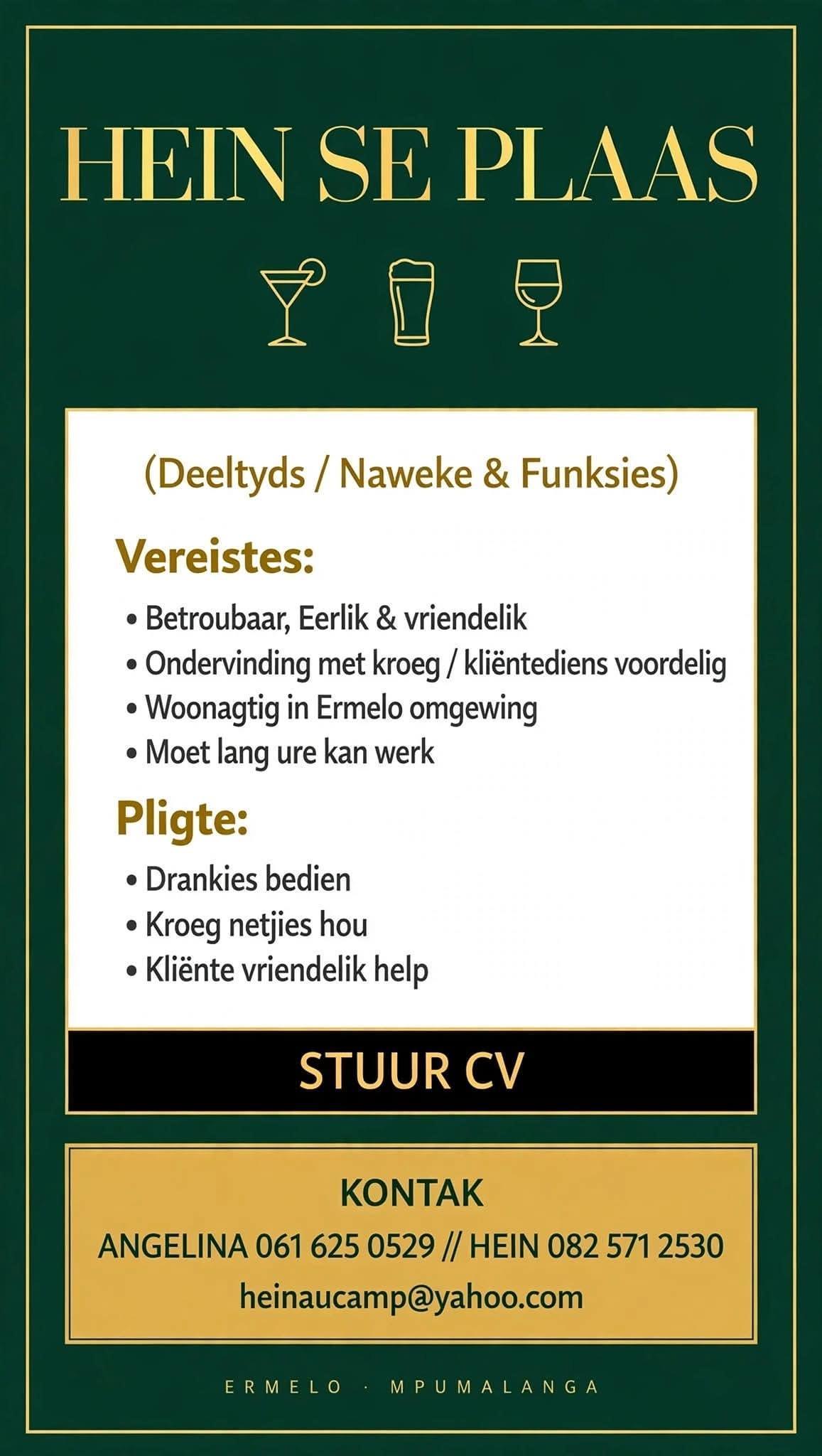 Vacancy: Part-Time Bartender – Ermelo Vacancy: Part-Time Bartender – Ermelo