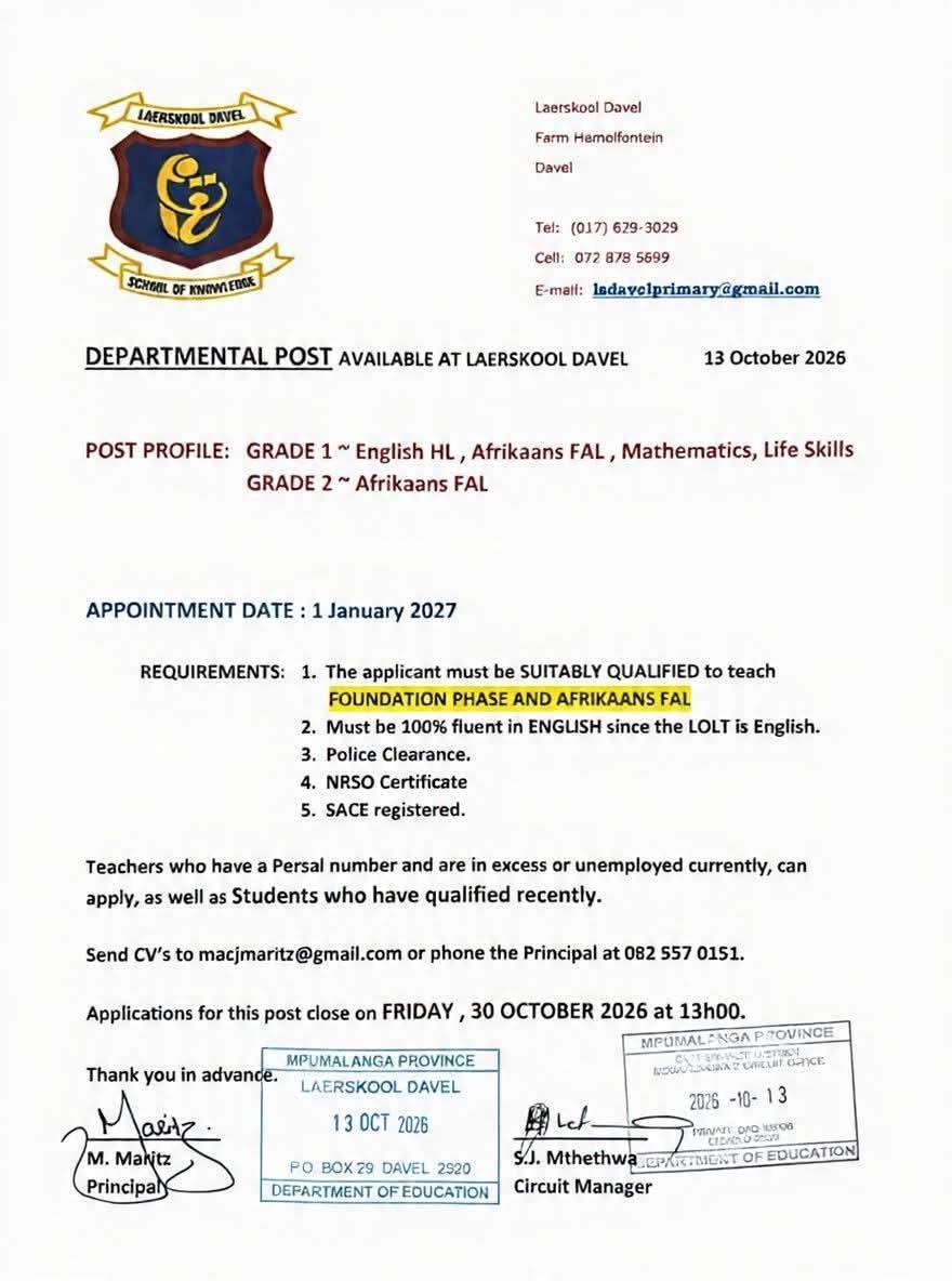 Vacancy: Foundation Phase and Afrikaans FAL Teacher – Davel Vacancy: Foundation Phase and Afrikaans FAL Teacher – Davel