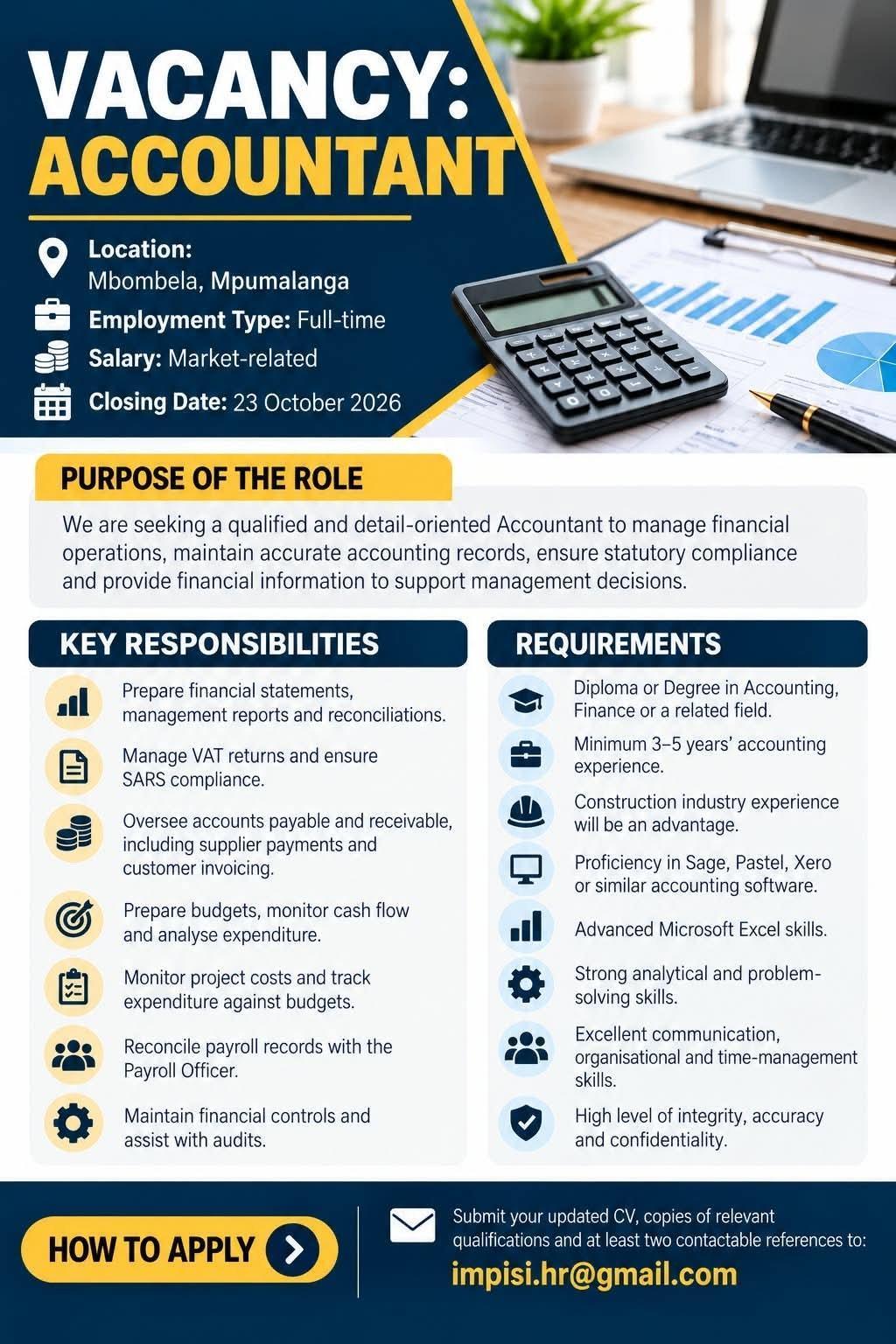 Vacancy: Accountant – Mbombela Vacancy: Accountant – Mbombela