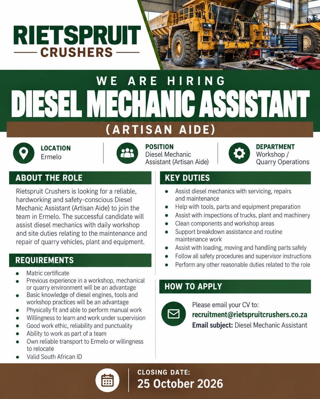 Vacancy: Diesel Mechanic Assistant (Artisan Aide) – Ermelo Vacancy: Diesel Mechanic Assistant (Artisan Aide) – Ermelo