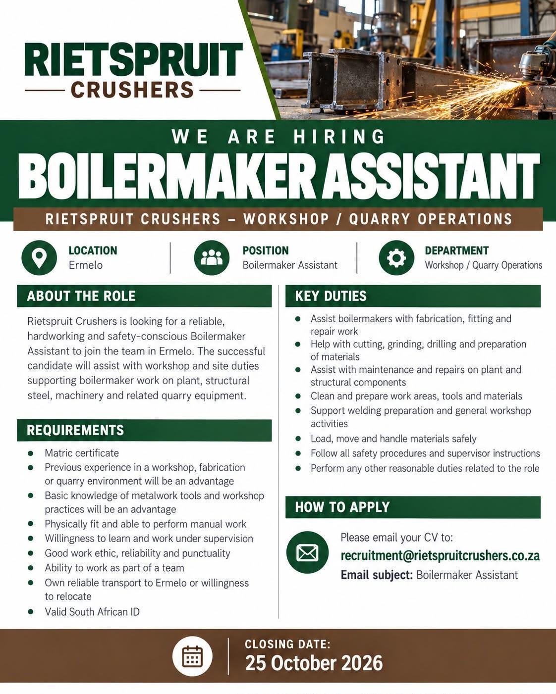 Vacancy: Boilermaker Assistant – Ermelo Vacancy: Boilermaker Assistant – Ermelo