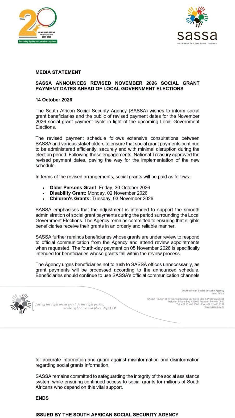 SASSA revises November grant payment dates ahead of elections