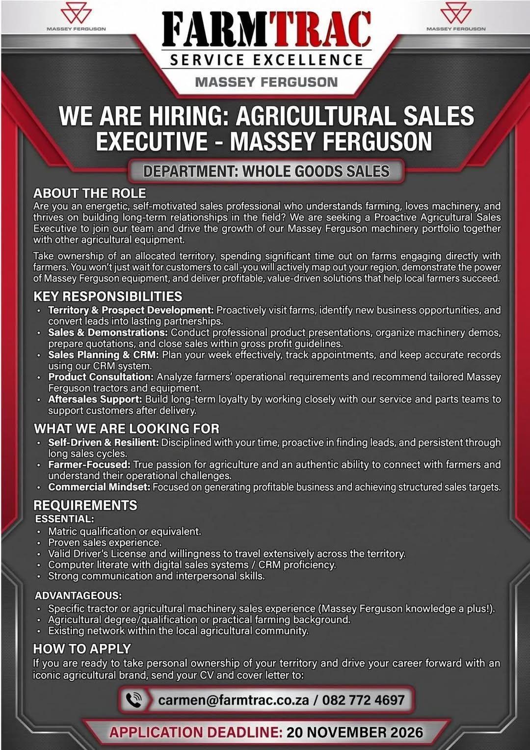 Vacancy: Agricultural Sales Executive – Massey Ferguson