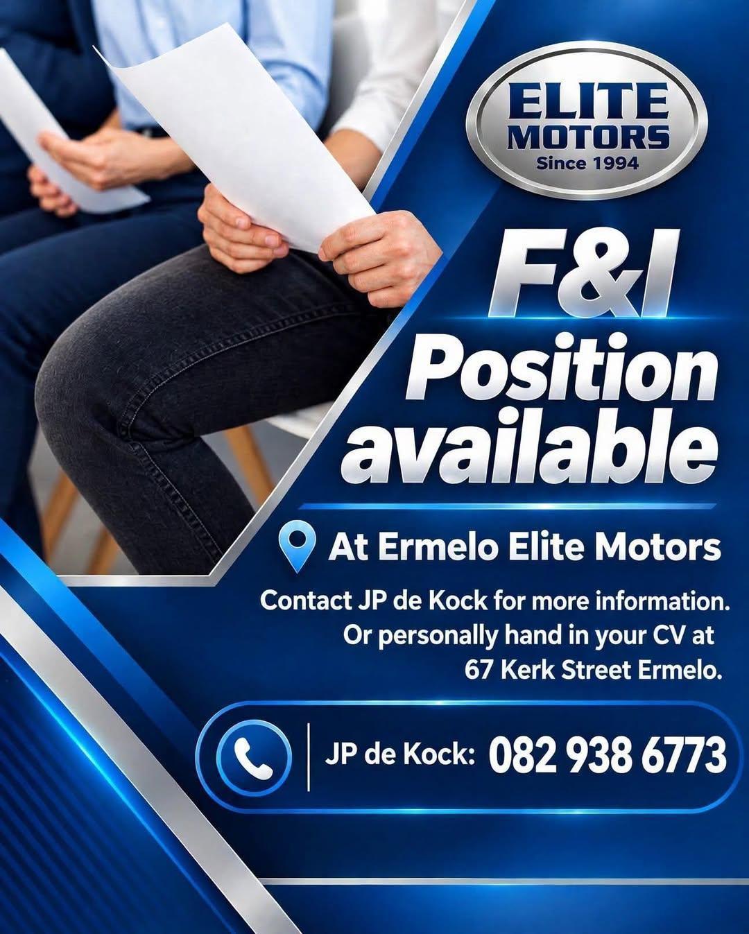 Vacancy: F&I Position – Ermelo Vacancy: F&I Position – Ermelo
