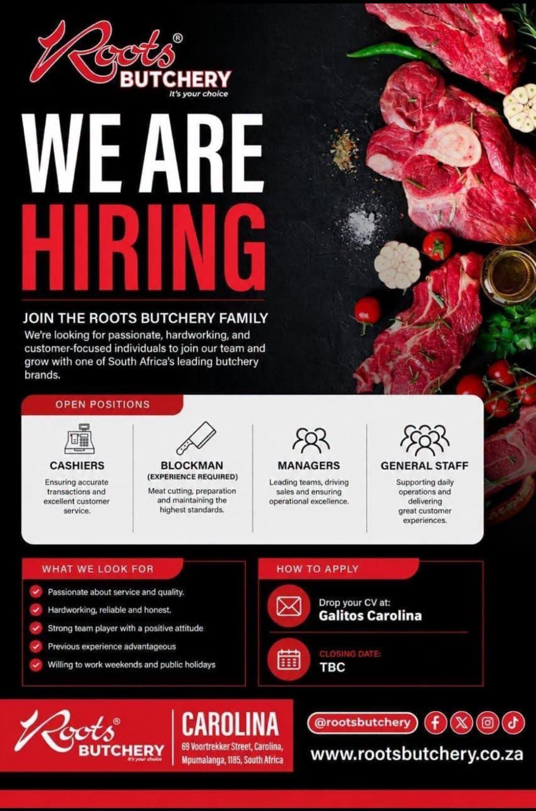 Vacancy: Cashiers, Blockman, Managers and General Staff – Carolina Vacancy: Cashiers, Blockman, Managers and General Staff – Carolina