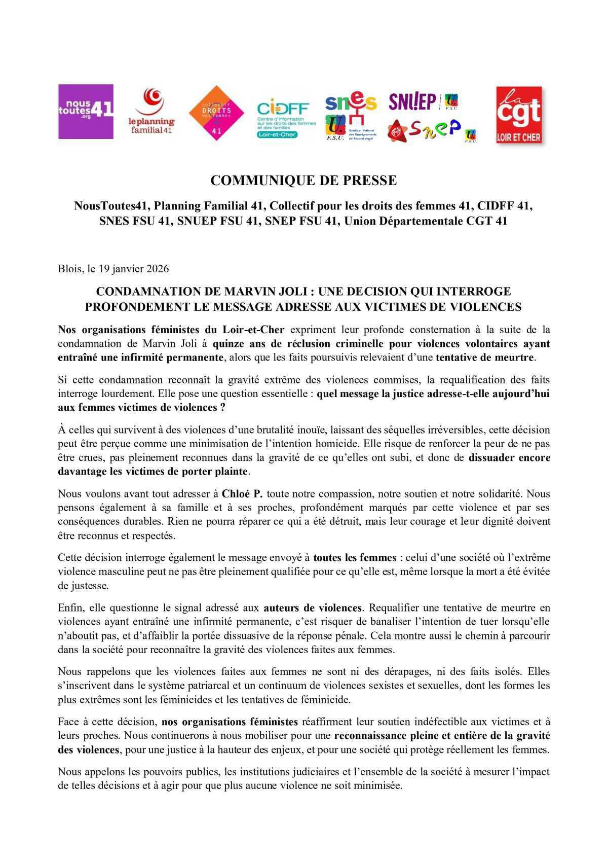 Communiqué de presse, condamnation de Marvin JOLI