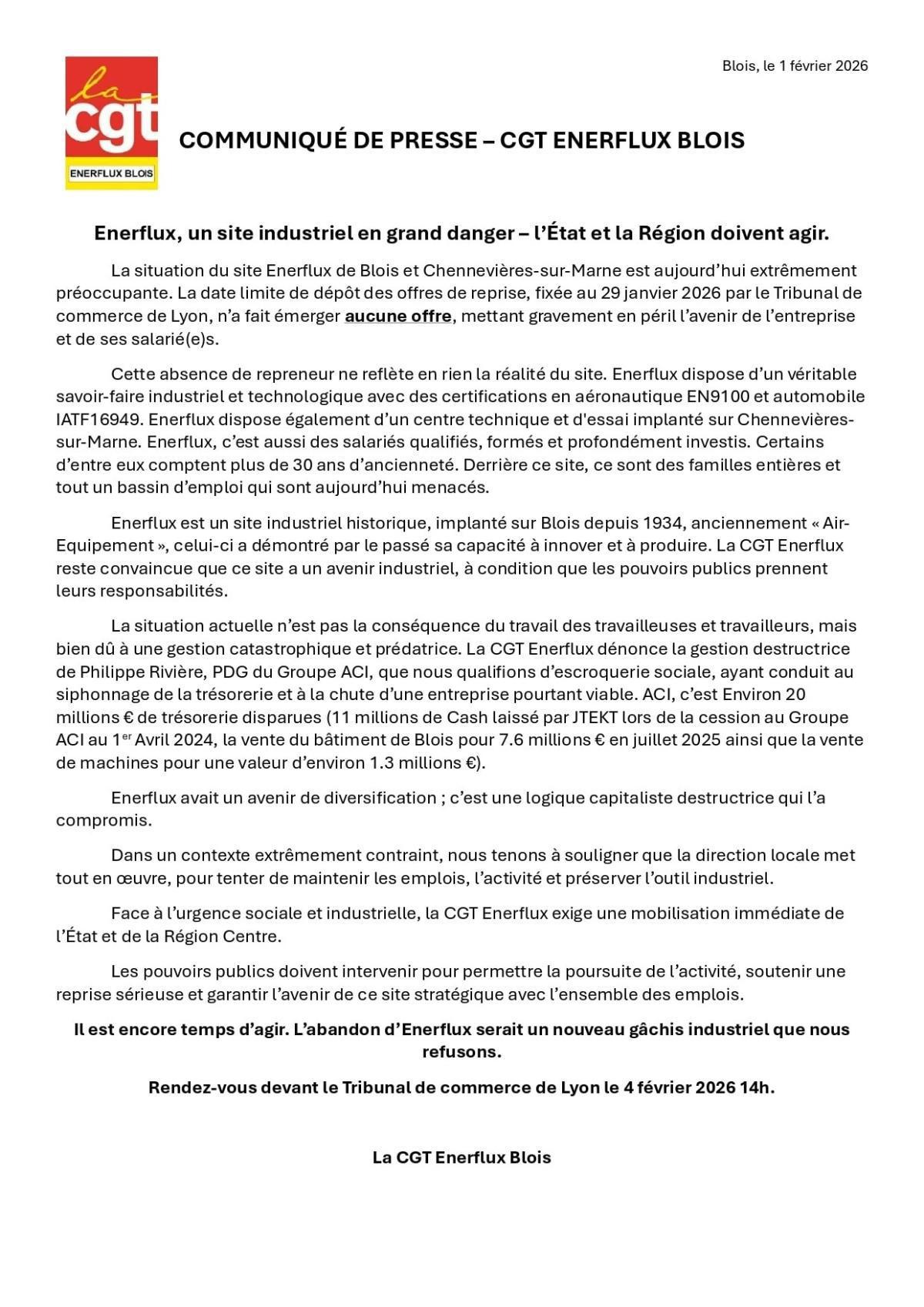 Enerflux, un site industriel en grand danger – l’État et la Région doivent agir.