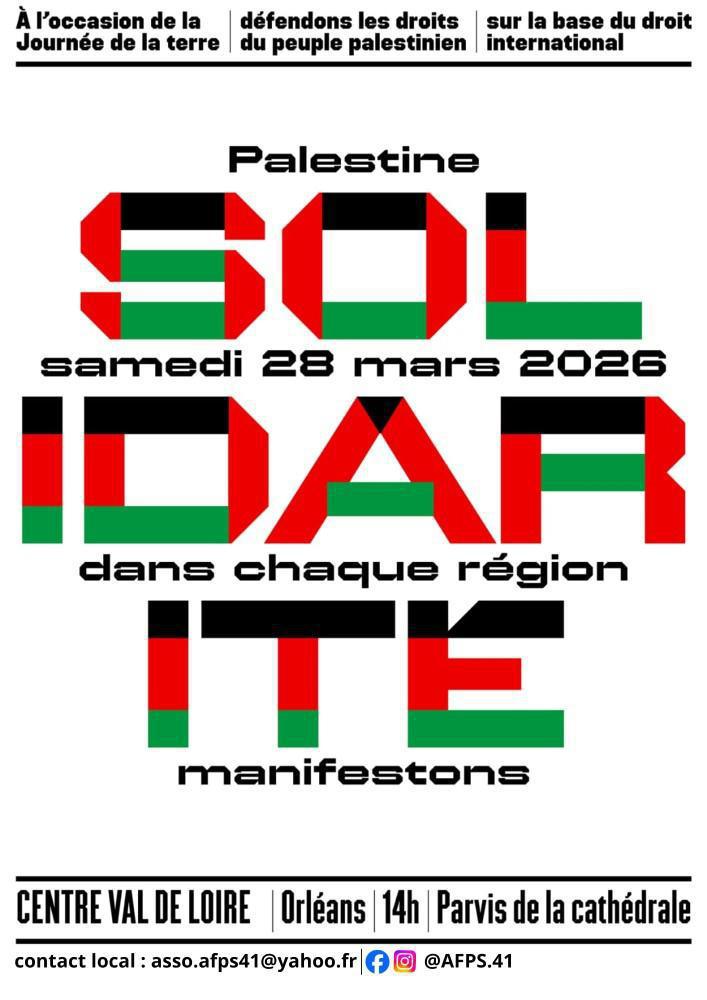 28 mars - Orléans, manifestation en soutien au peuple palestinien ! 28 mars - Orléans, manifestation en soutien au peuple palestinien !
