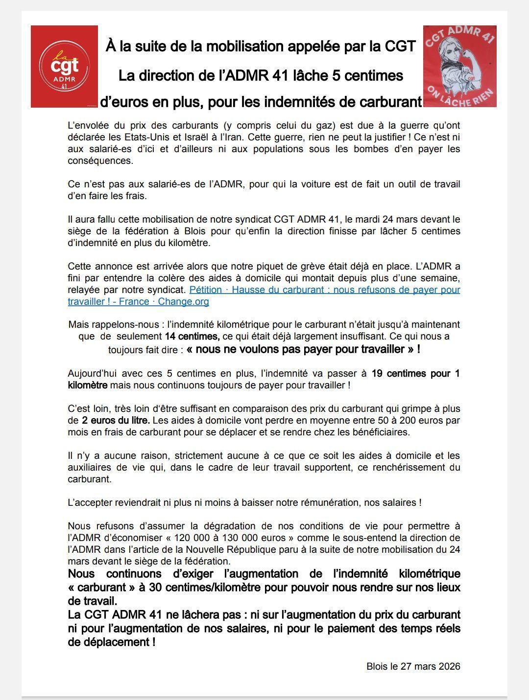 Prix des carburants : action à l'ADMR 41