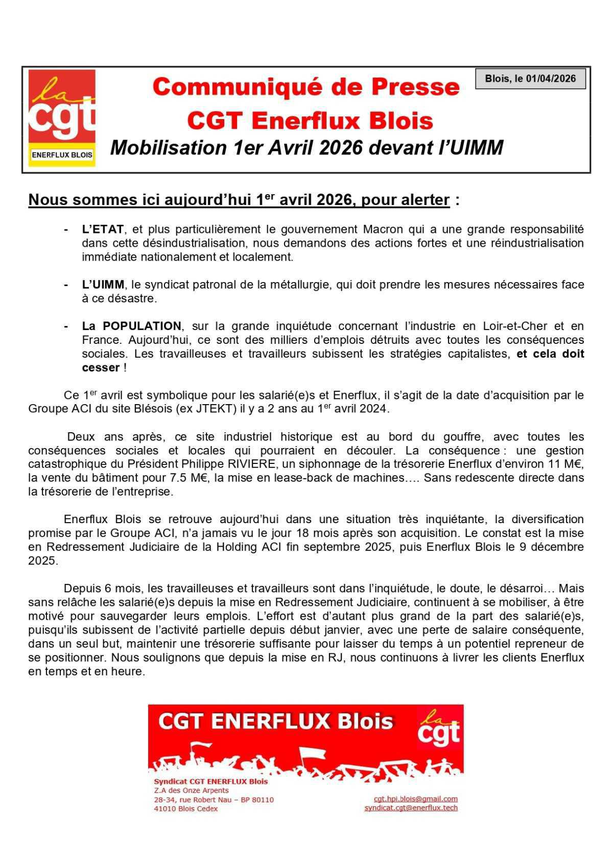 1er avril 2026 - Rassemblement pour défendre l'emploi à Enerflux! 1er avril 2026 - Rassemblement pour défendre l'emploi à Enerflux!