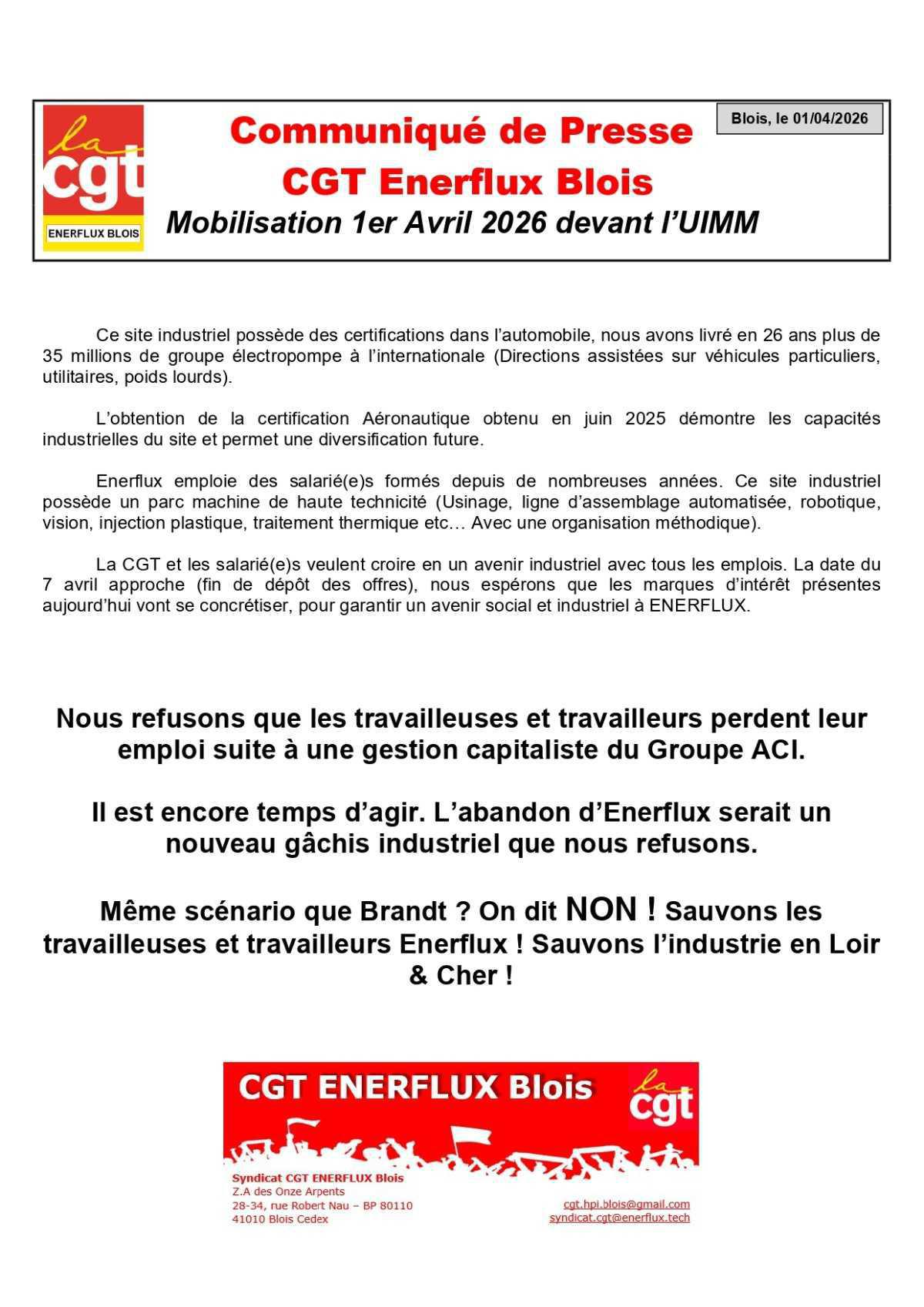 1er avril 2026 - Rassemblement pour défendre l'emploi à Enerflux!