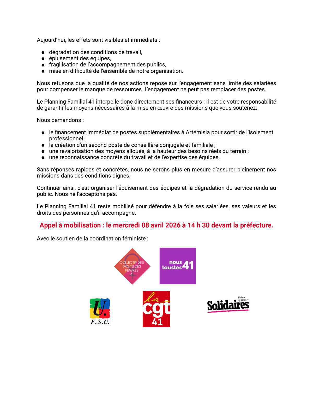 8 avril 2026 - Rassemblement en soutien à la grève au Planning familial 41 8 avril 2026 - Rassemblement en soutien à la grève au Planning familial 41