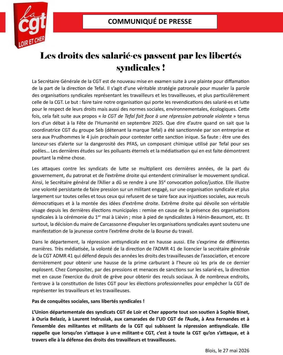 Communiqué - Les droits des salarié·es passent par les libertés syndicales !