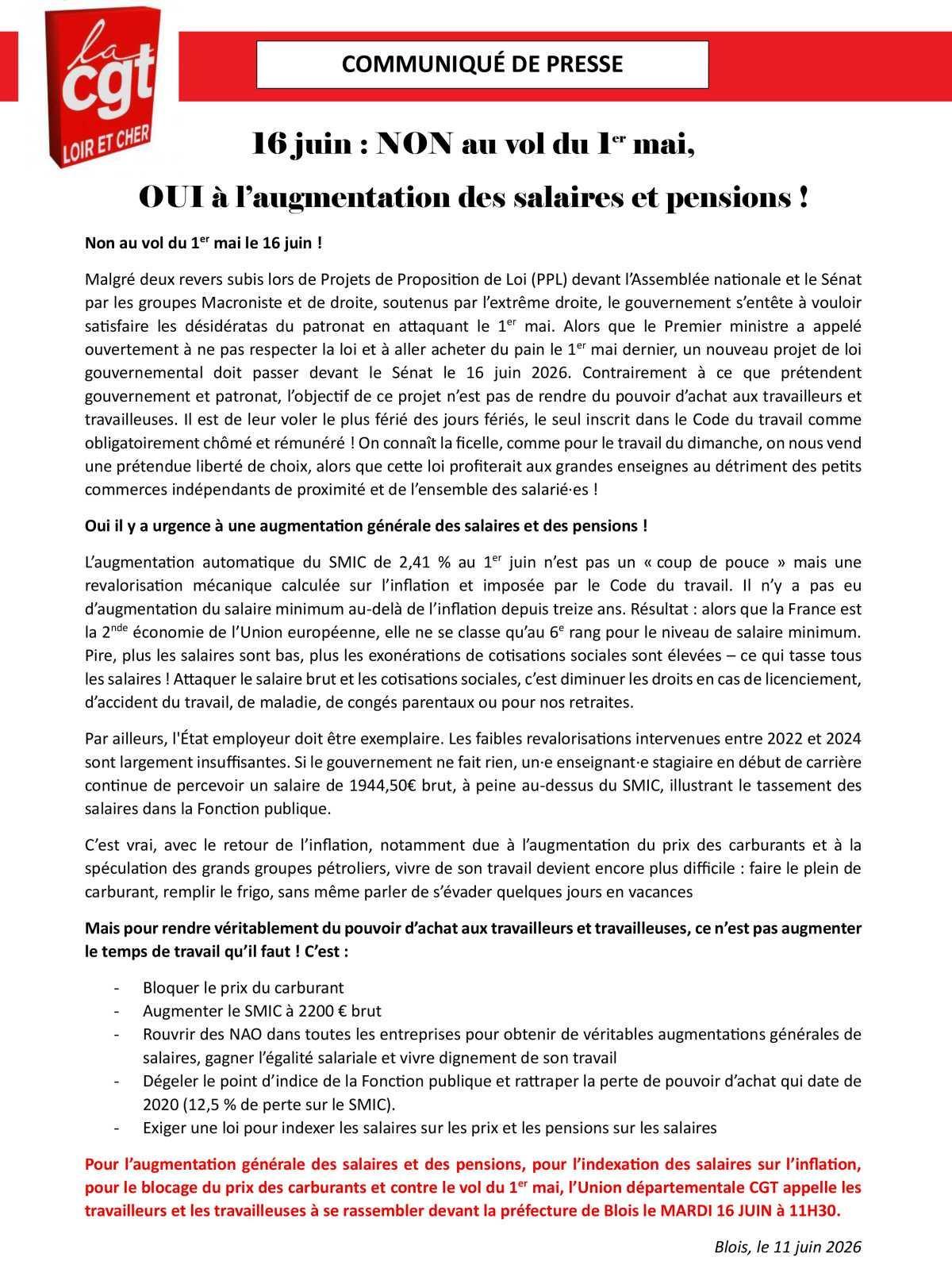 16 juin : NON au vol du 1er mai, OUI à l’augmentation des salaires et pensions ! 16 juin : NON au vol du 1er mai, OUI à l’augmentation des salaires et pensions !